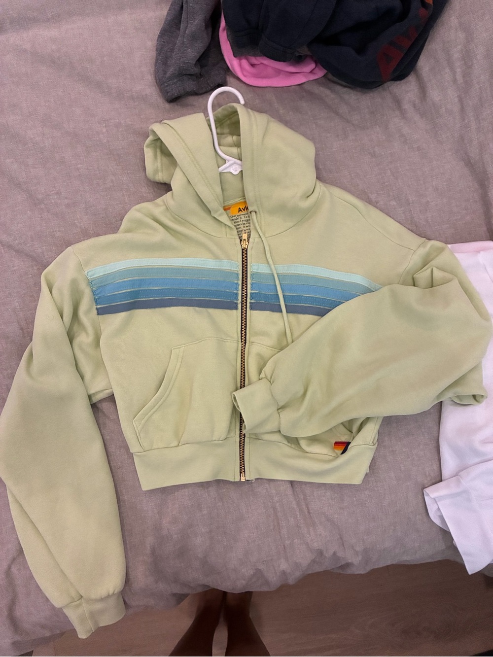 Woman’s Cropped Light Green Zip Hoodie with Blue Stripe